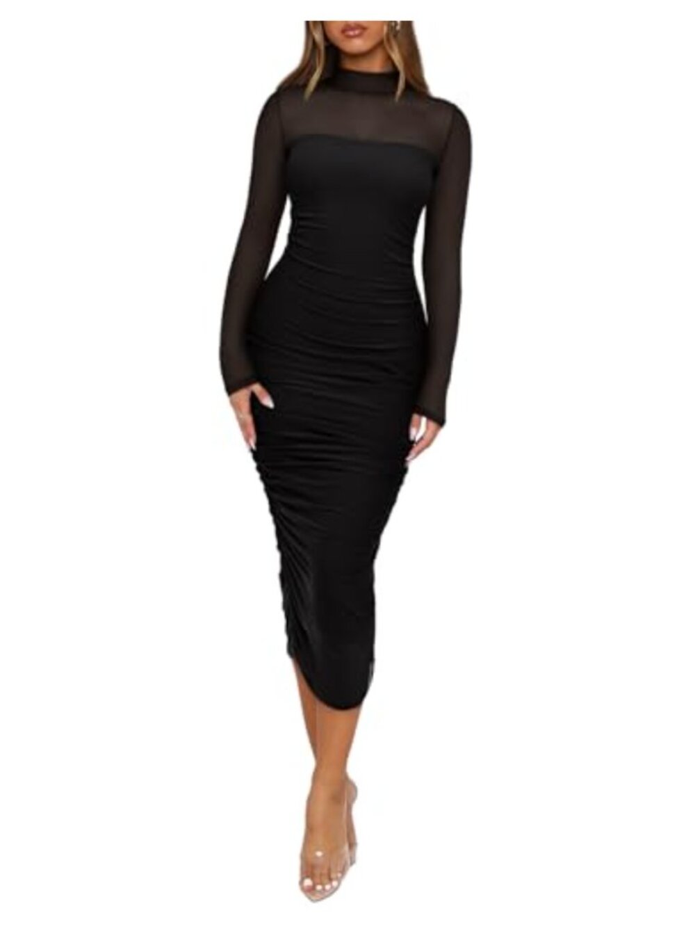 Mesh Long Sleeve Midi Dress Ruched Bodycon Mock Neck Cocktail Party